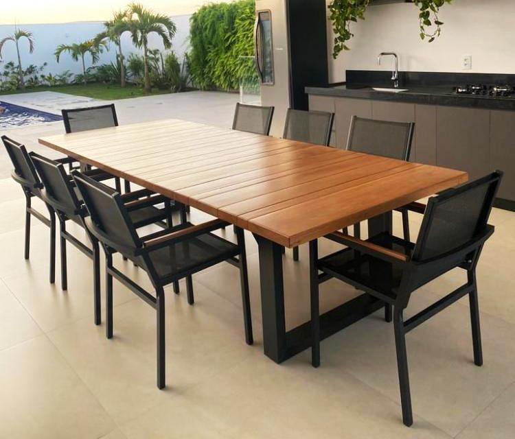 Mesa Bahia Retangular de Madeira, 8 Cadeira em Tela Sling